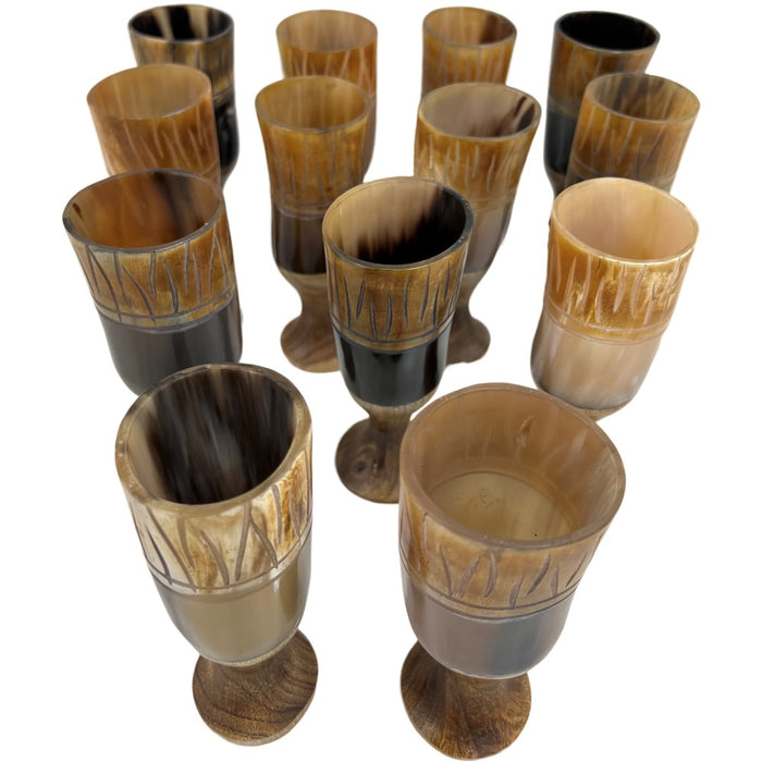 Handmade Natural Horn and Wooden Wine Drinking Goblet Unique Design With Wooden Stand Goblet Authentic Medieval Inspired Viking Drinking Shot Glasses Set Of 13
