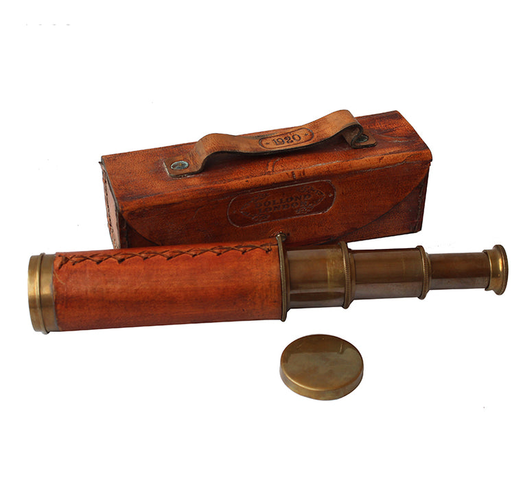 Maritime Leather Box Telescope London 1920 Era Maritime Vintage Functional Spyglass Sailor Instrument - Handmade Gifts Article