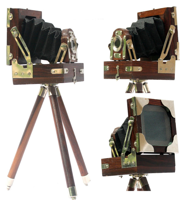 New Antique Vintage Look Film Camera Wooden Tripod Collectible Studio Gift Item Brown Color (10 Inches)