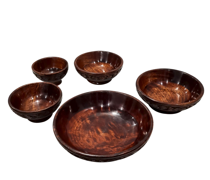 Set of 5 Decorative Rustic Hand Carved Wooden Serving Bowl Kitchen Dining Accessory Housewarming Bowl Set Breakfast Dinner ServeWare Platters For Parties