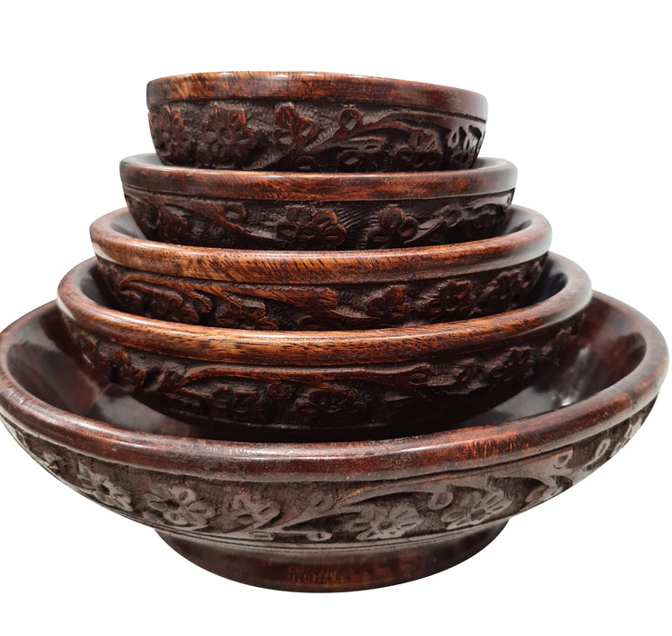 Set of 5 Decorative Rustic Hand Carved Wooden Serving Bowl Kitchen Dining Accessory Housewarming Bowl Set Breakfast Dinner ServeWare Platters For Parties