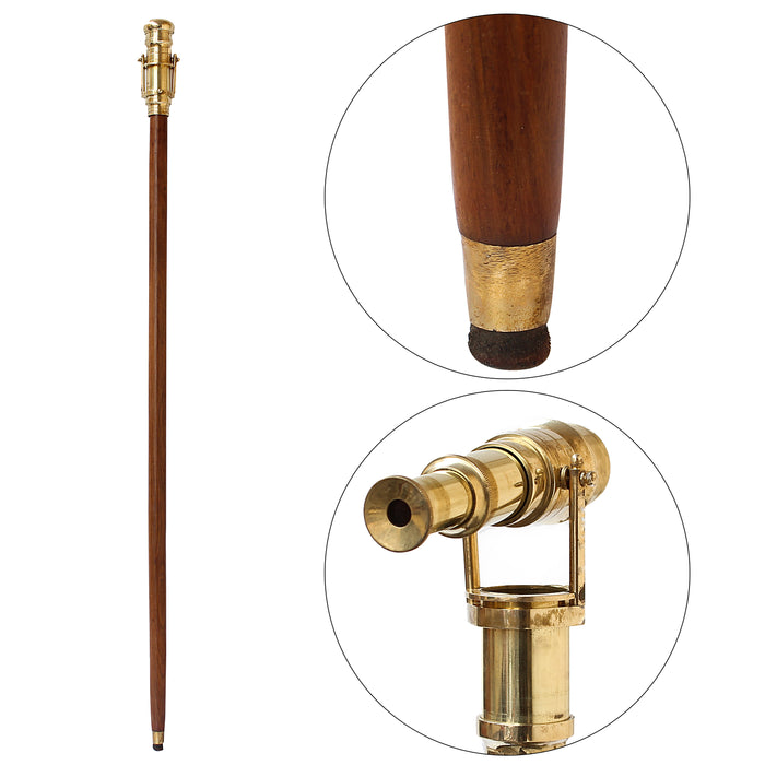 Vintage New Wooden Walking Stick with Brass Handle Telescope Collection Authentic Item