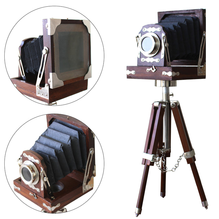 Antique Vintage Look Film Camera Wooden Tripod Collectible Studio Gift Item Brown Color (22 Inches)