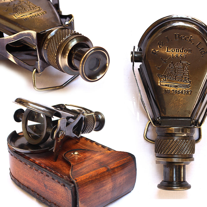 Vintage Binocular R & J Beck London 1857 Replica Model Nautical Columbus Small Single Brass Marine Antique Binocular with Leather Case