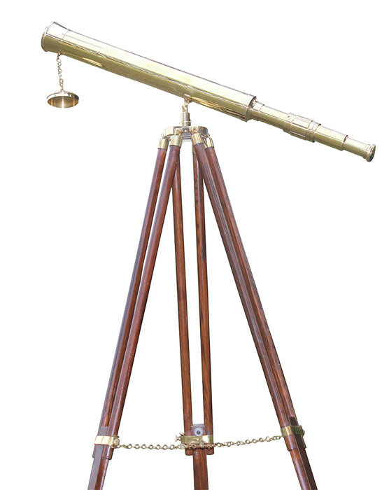 A Shiny Brass Nautical Single Barrel Telescope Wooden Tripod Ideal Home Decor Brass Finish & Brown