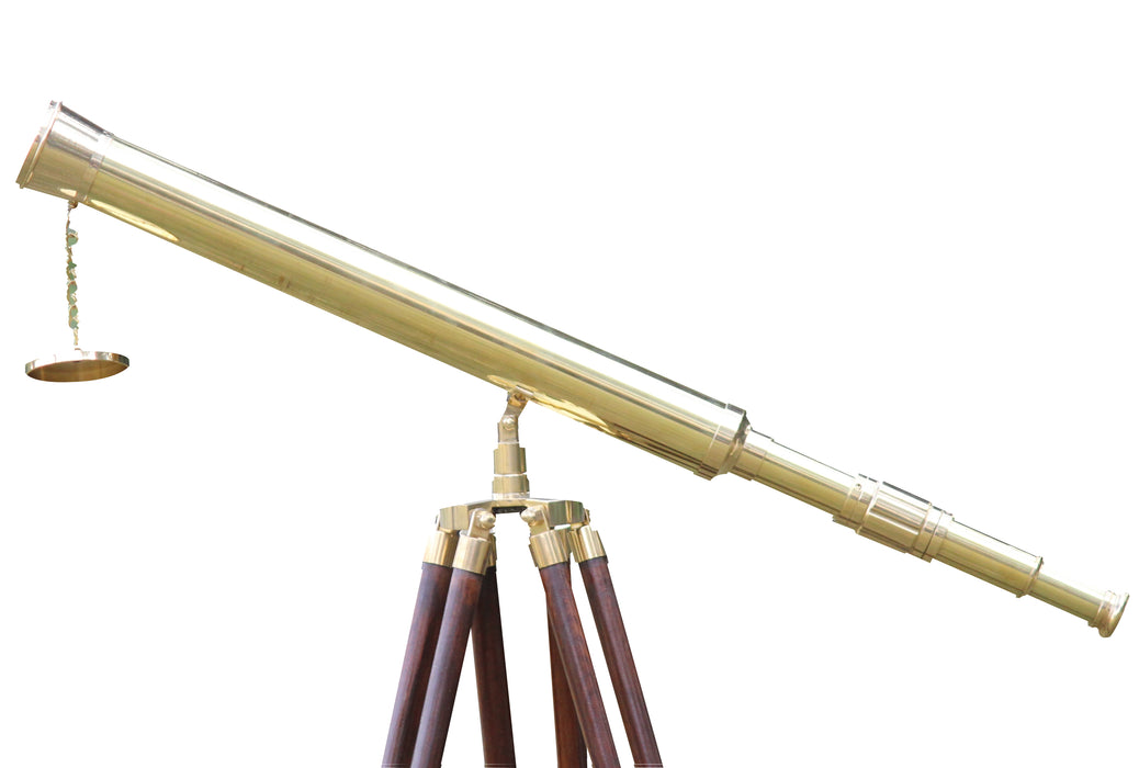 A Shiny Brass Nautical Single Barrel Telescope Wooden Tripod Ideal Home Decor Brass Finish & Brown